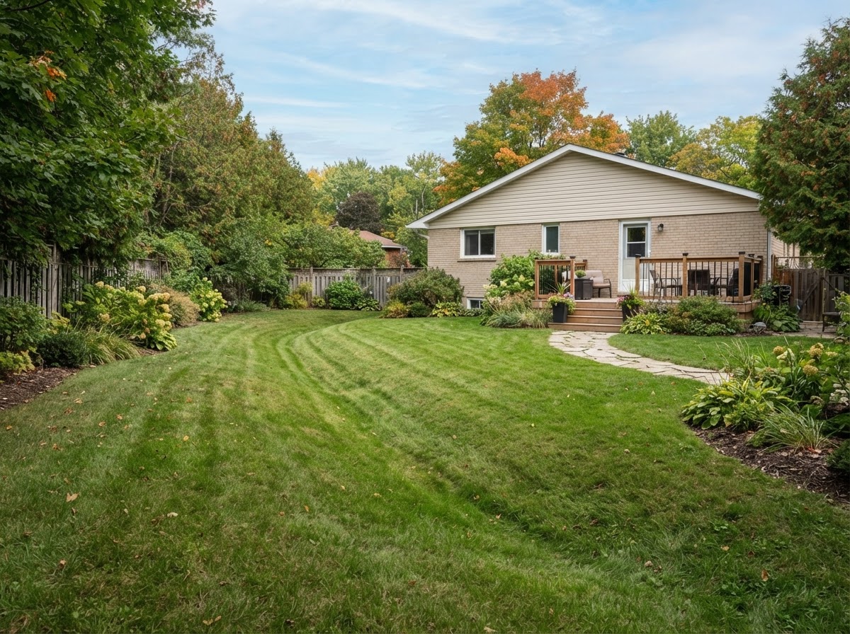 Shallow grass drainage swale designed to direct surface water across an Ontario backyard