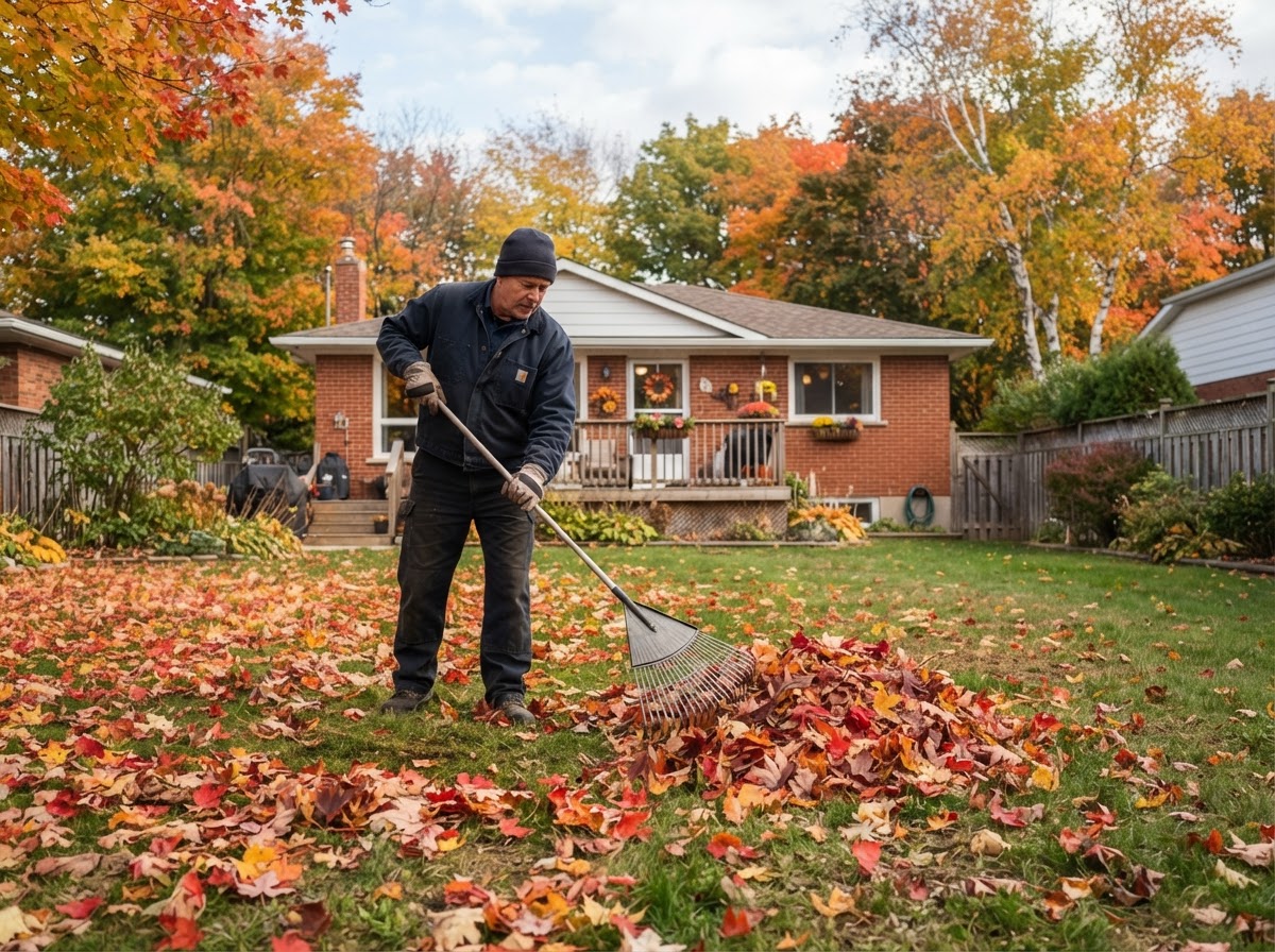 Removing fallen leaves from an Ontario lawn during autumn yard cleanup