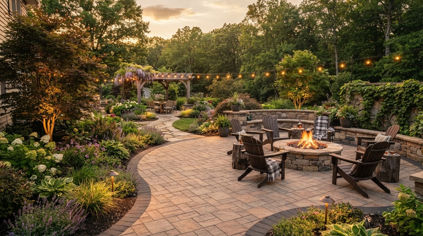 Before and after transformation of a basic backyard into an interlocking patio with stone fire pit
