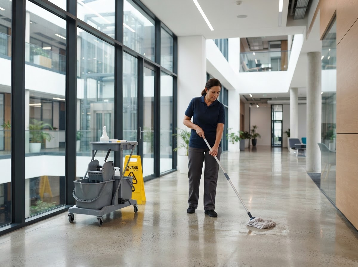 Unbranded cleaner mopping the floor of a modern office lobby interior
