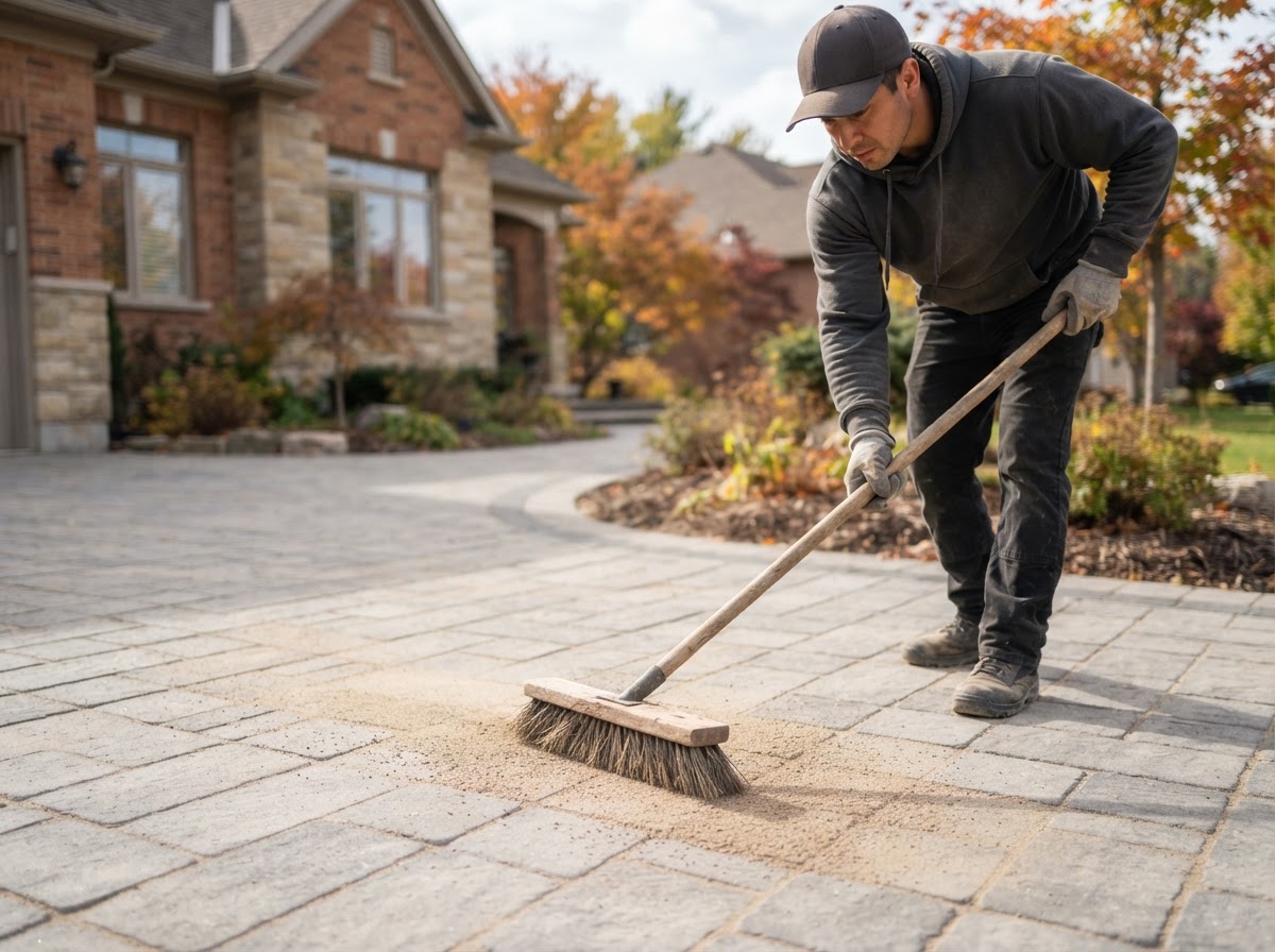 Joint sand being brushed into interlocking driveway pavers during autumn maintenance