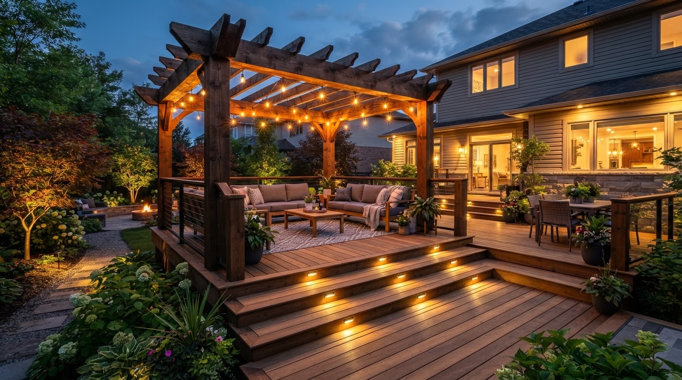 Before and after transformation of a builder deck into a full outdoor living space with pergola