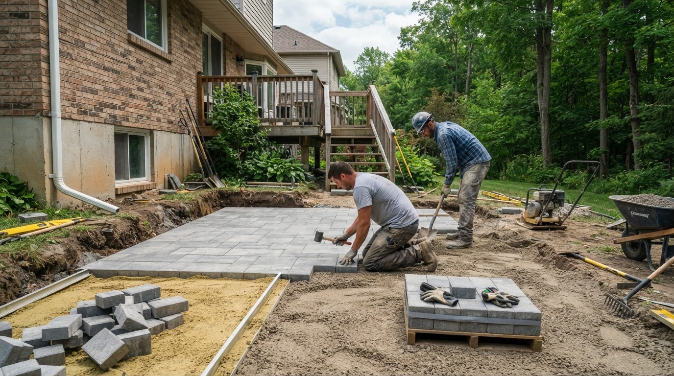 Excavated patio area with prepared granular base material and partially laid interlocking pavers during installation at an Ontario home