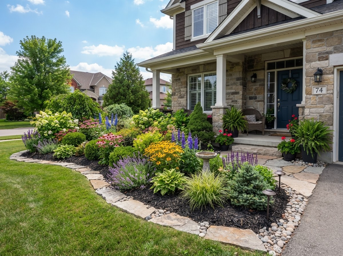 Landscaped garden beds beside Ontario home