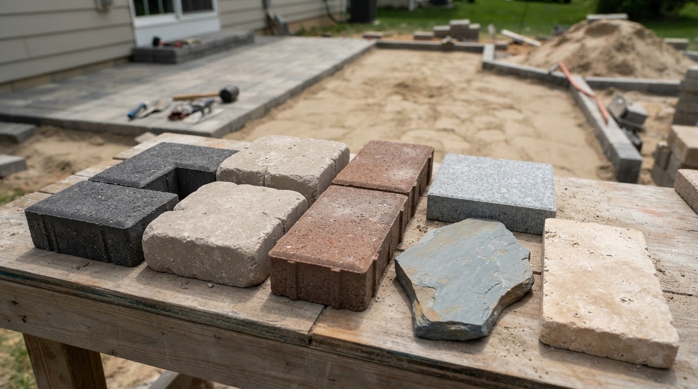 Assorted unbranded interlocking paving stone materials with contrasting textures and colours for an Ontario patio project