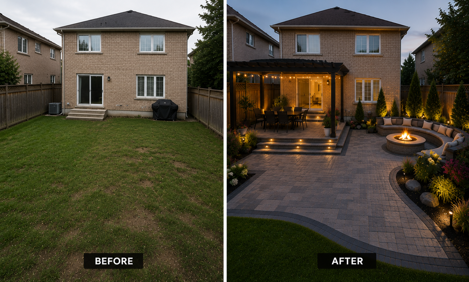 Before and After: interlocking stone backyard patio with fire pit