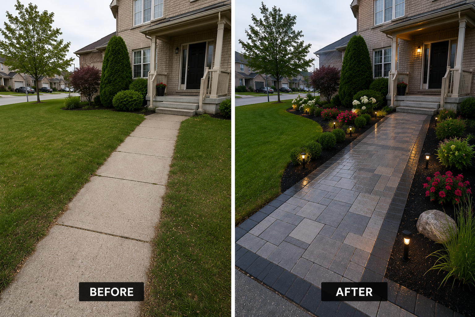 Before and After: interlocking stone walkway and landscaping