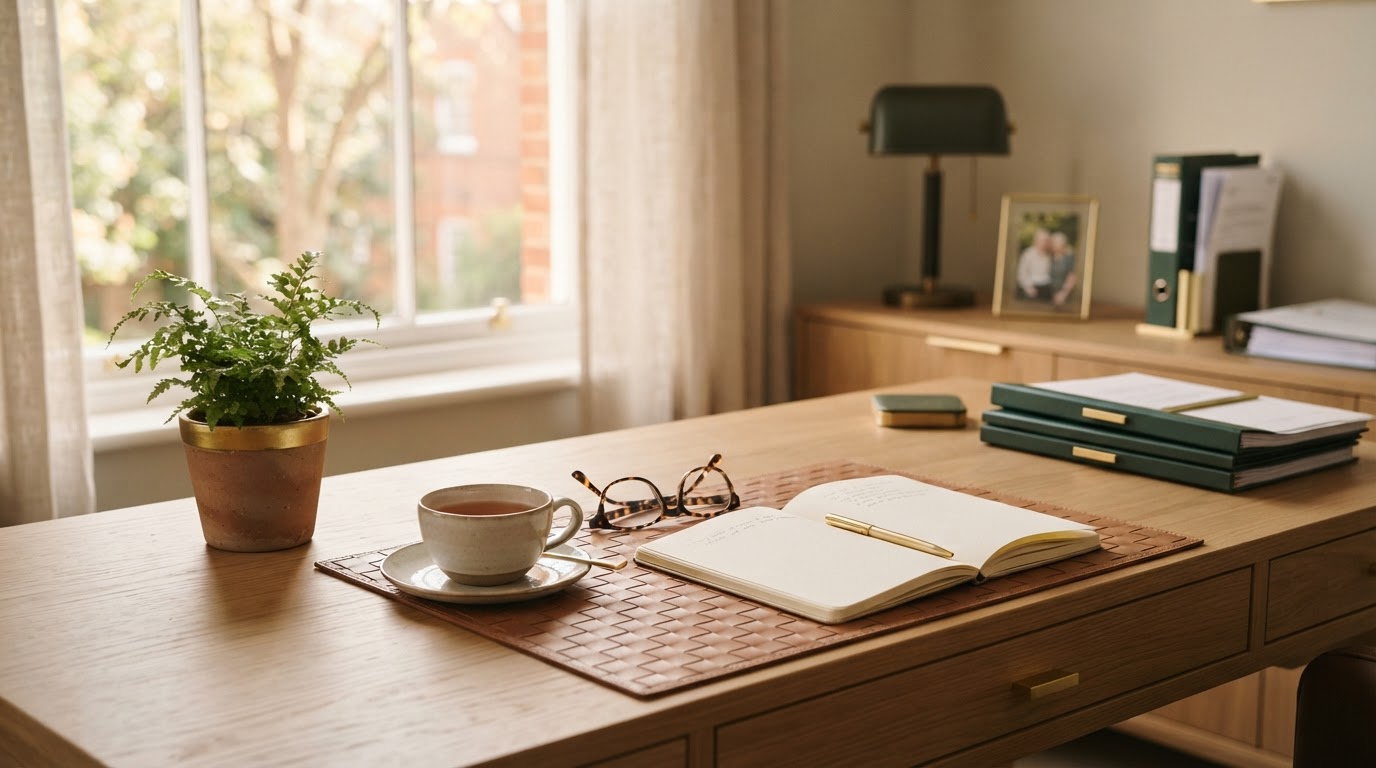 Warm, calm later life lending advice setting with tea, glasses and notebook at Cariad Later Life Solutions