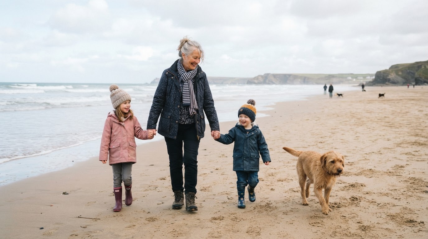 Grandmother enjoying time on the beach with her grandchildren and dog.