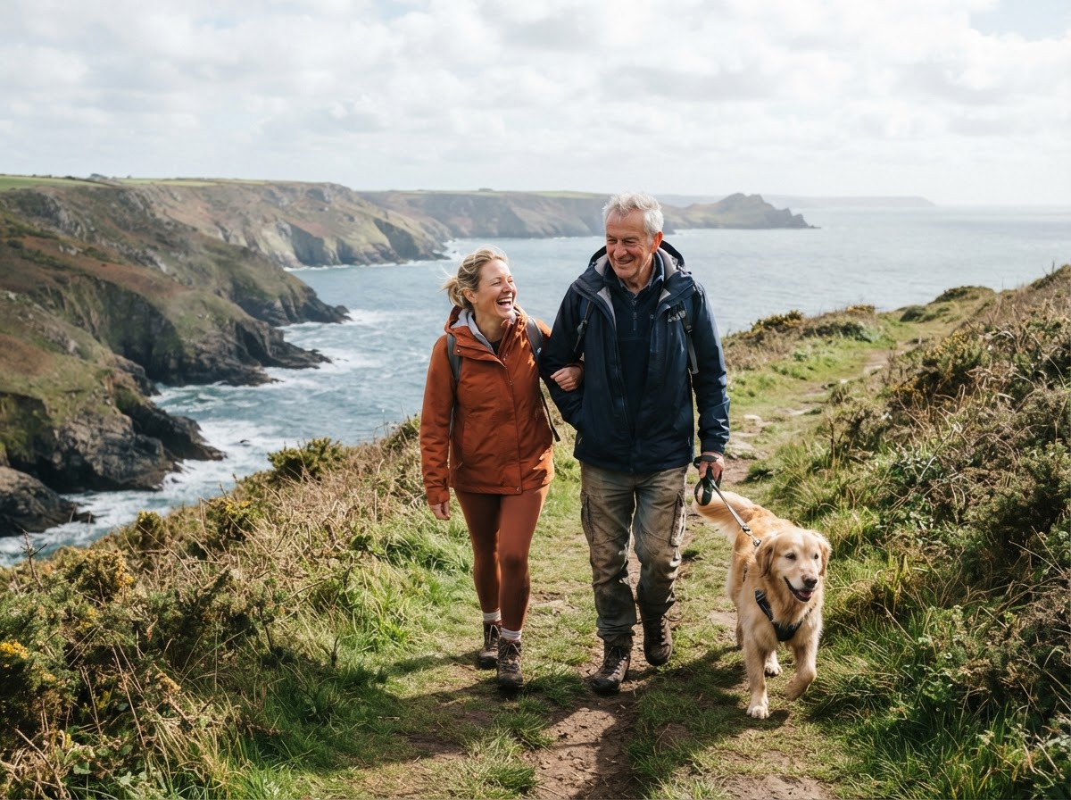 Older adult enjoying an active coastal walk with family and their dog