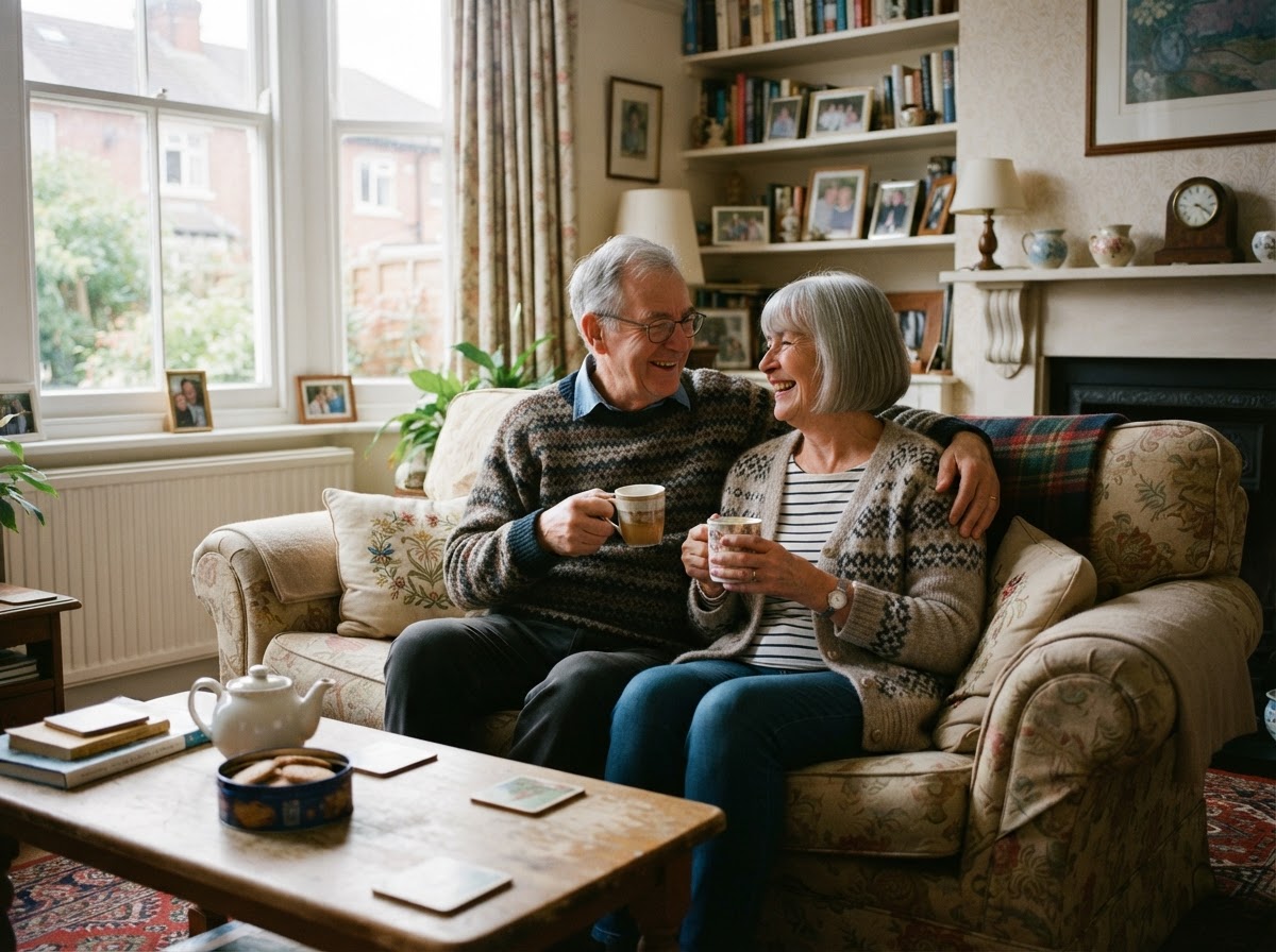 Older couple relaxing comfortably together on a sofa at home in the UK