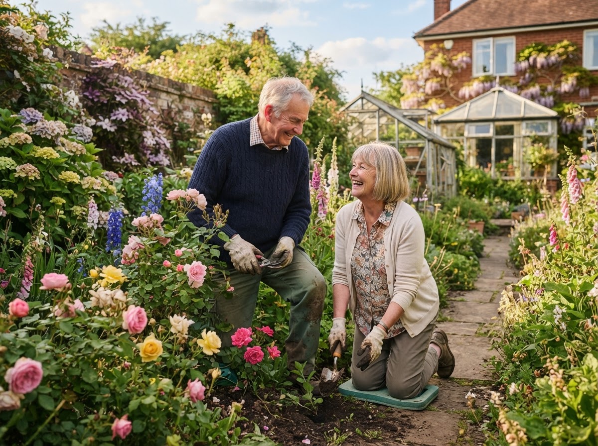 Older couple happily spending time together in their lush garden