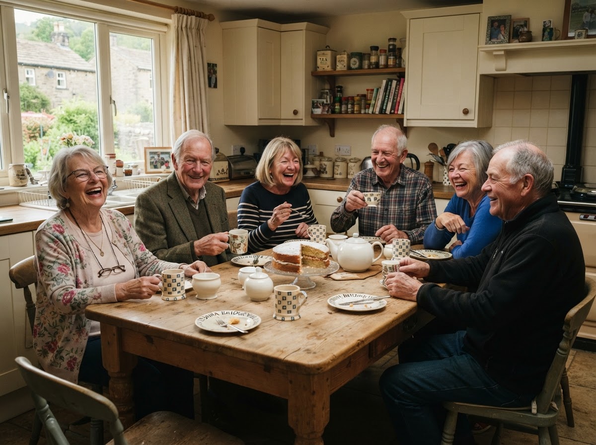 Group of older family members laughing and talking together at a kitchen table