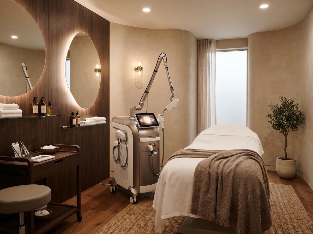 Immagine illustrativa generata con IA di un macchinario professionale per epilazione laser in un ambiente pulito ed elegante