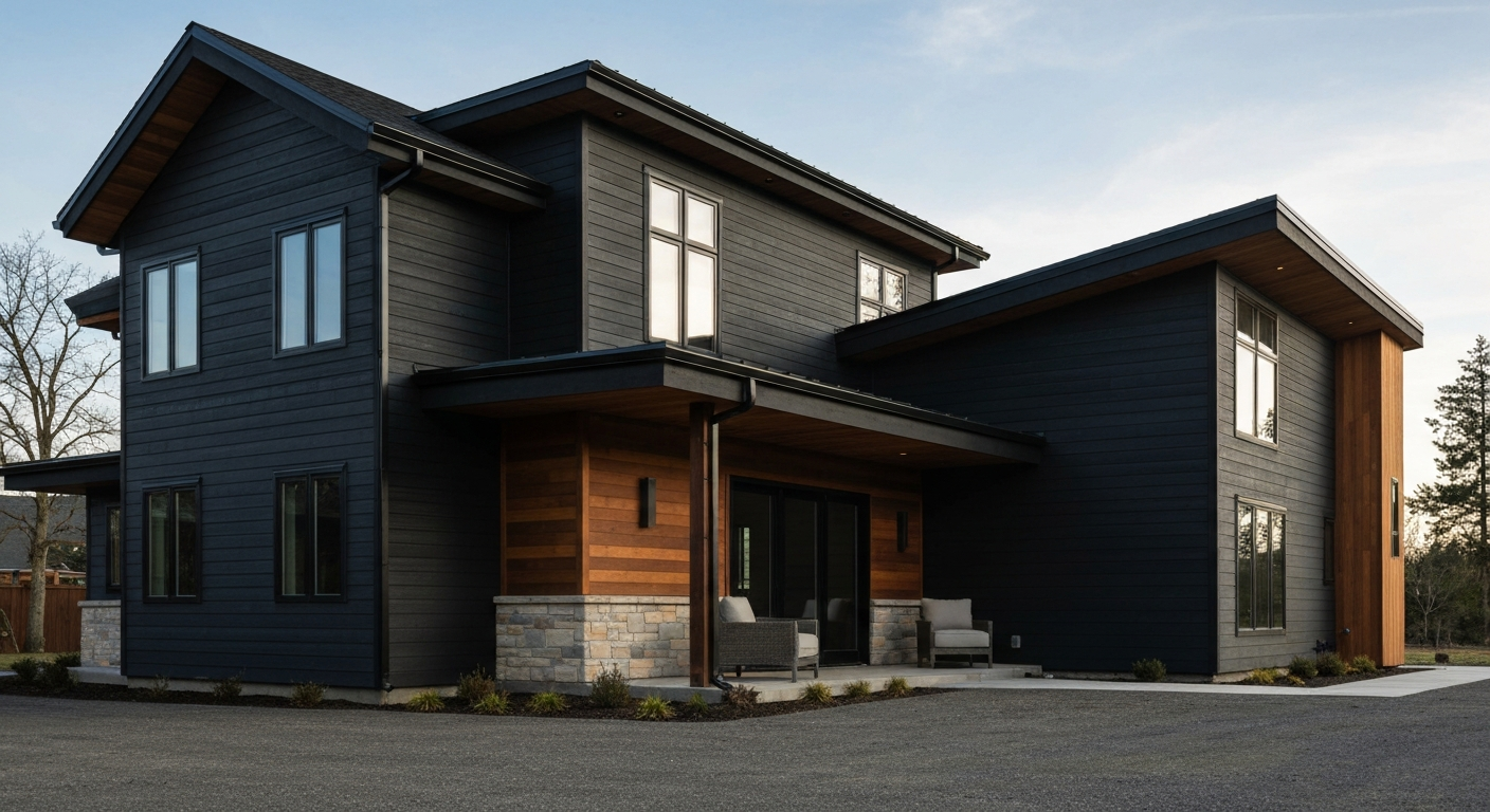 Full exterior home remodel showing new siding, roofing, and windows