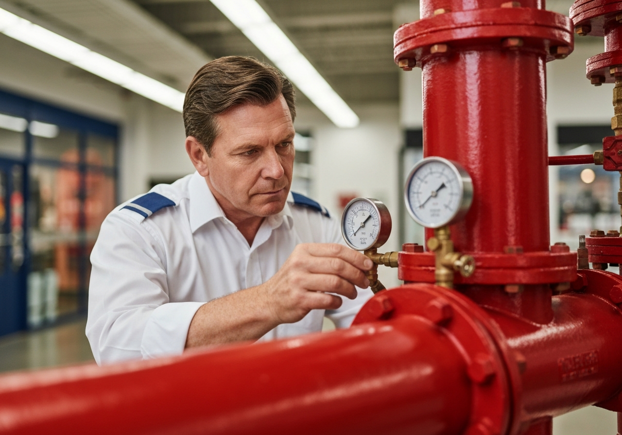 Inspector checking fire riser system