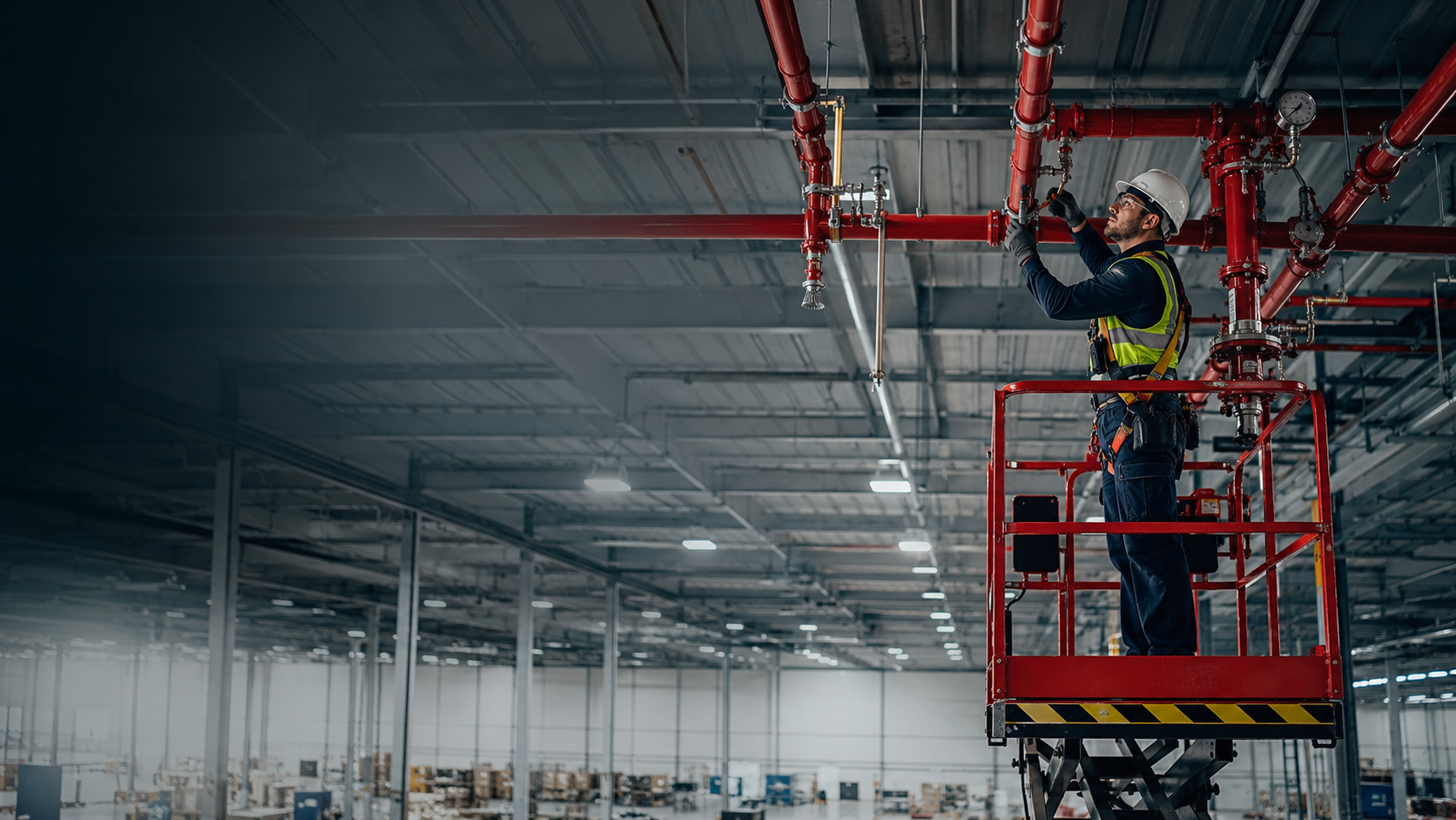 Fire sprinkler technician working on pipes