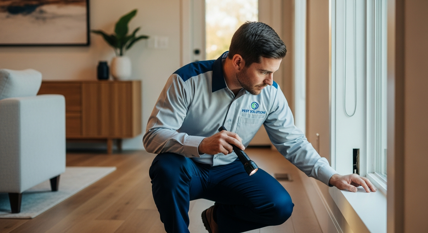 Pest control professional inspecting home