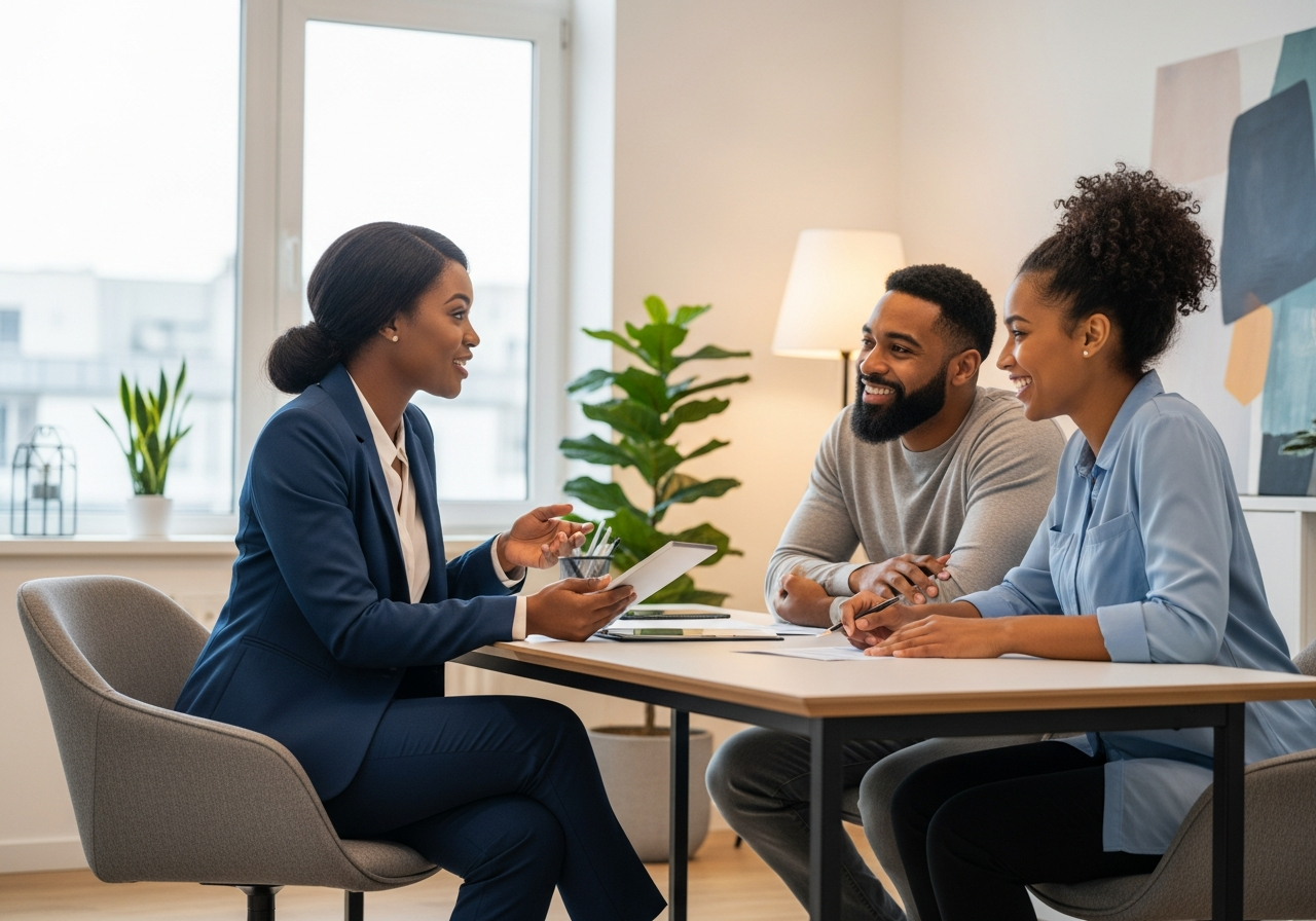Professional black female insurance broker helping a black couple