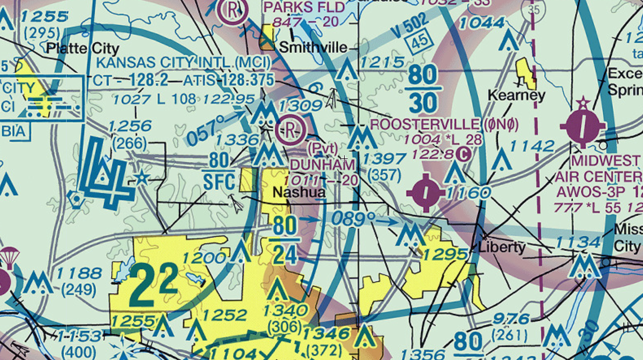 VFR Sectional Chart showing Roosterville Airport (0N0) and Midwest National Air Center (KGPH)