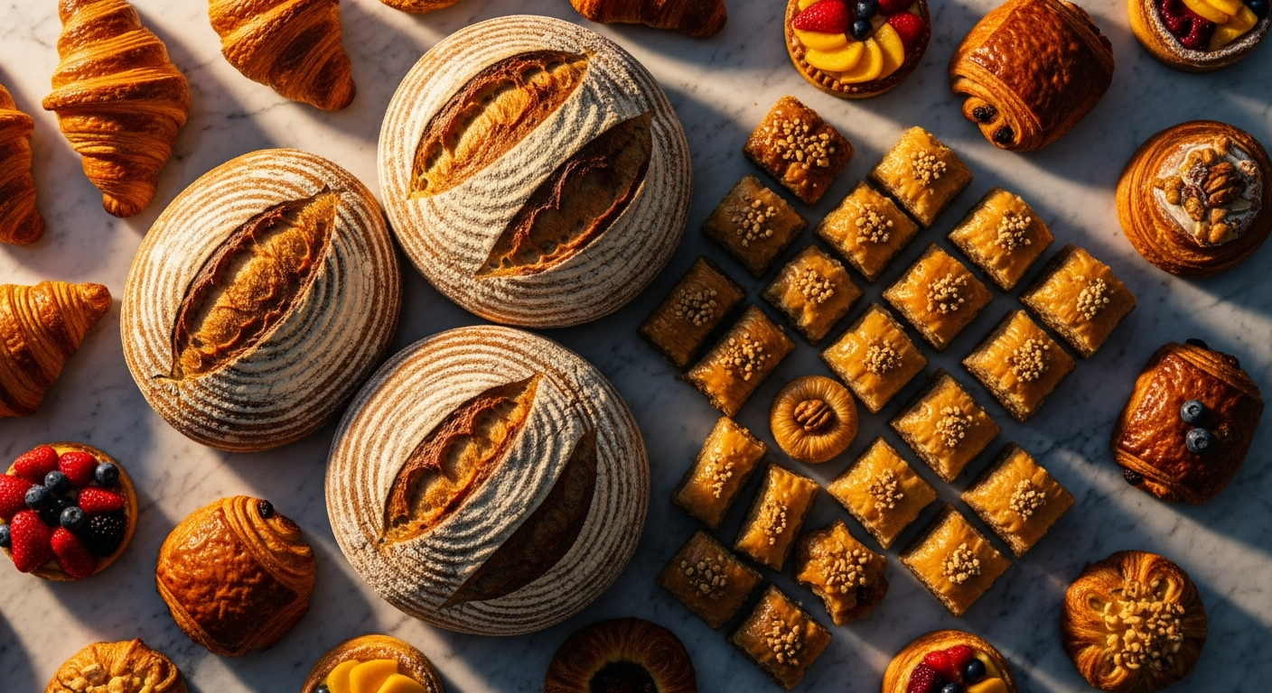 Artisanal breads and pastries on display at Ganash Bakery