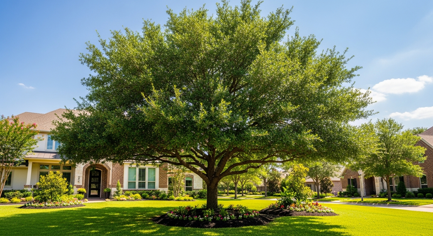 Beautiful maintained trees in a suburban yard