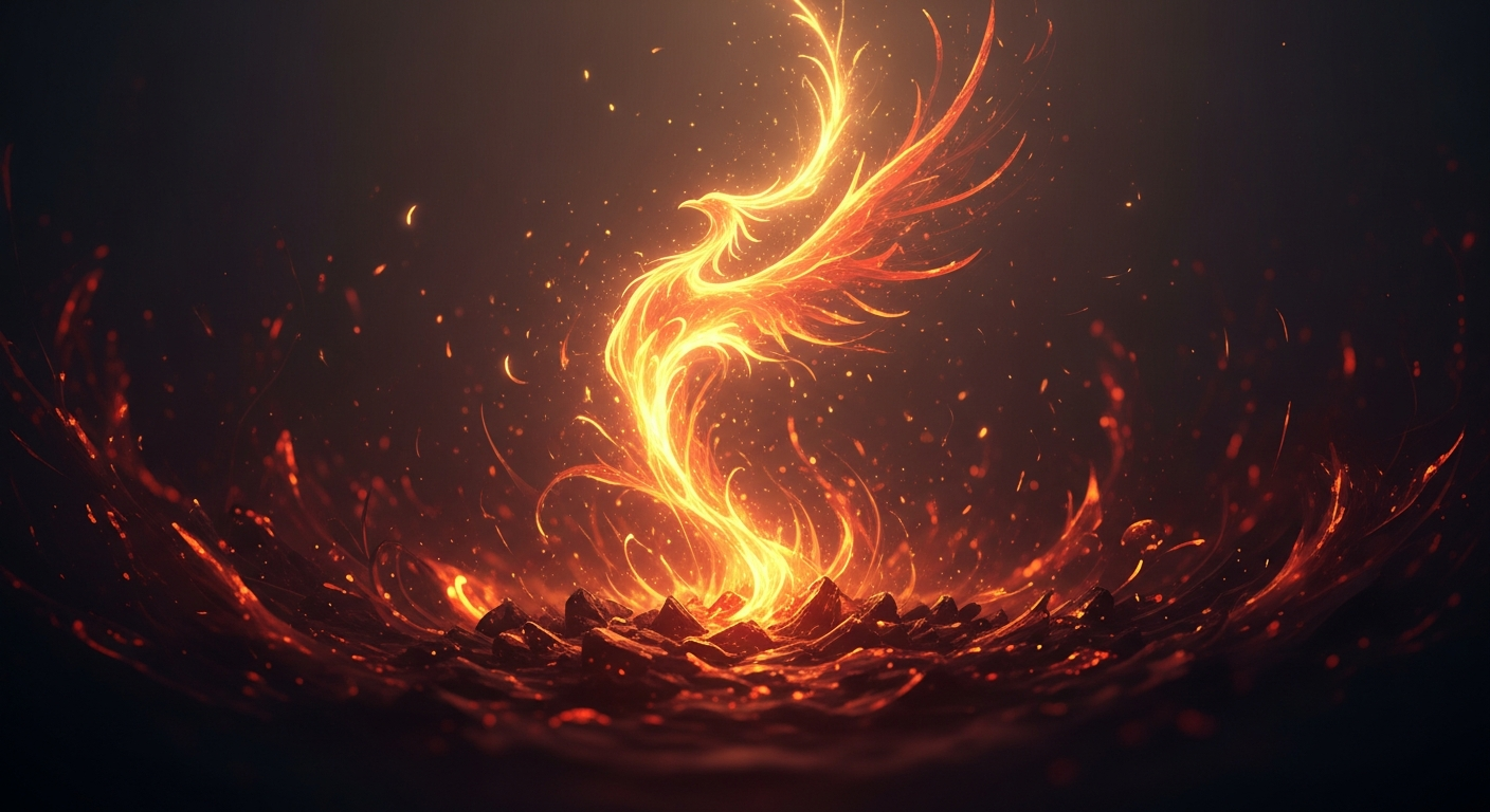 Ethereal glowing embers representing a phoenix rising from ashes