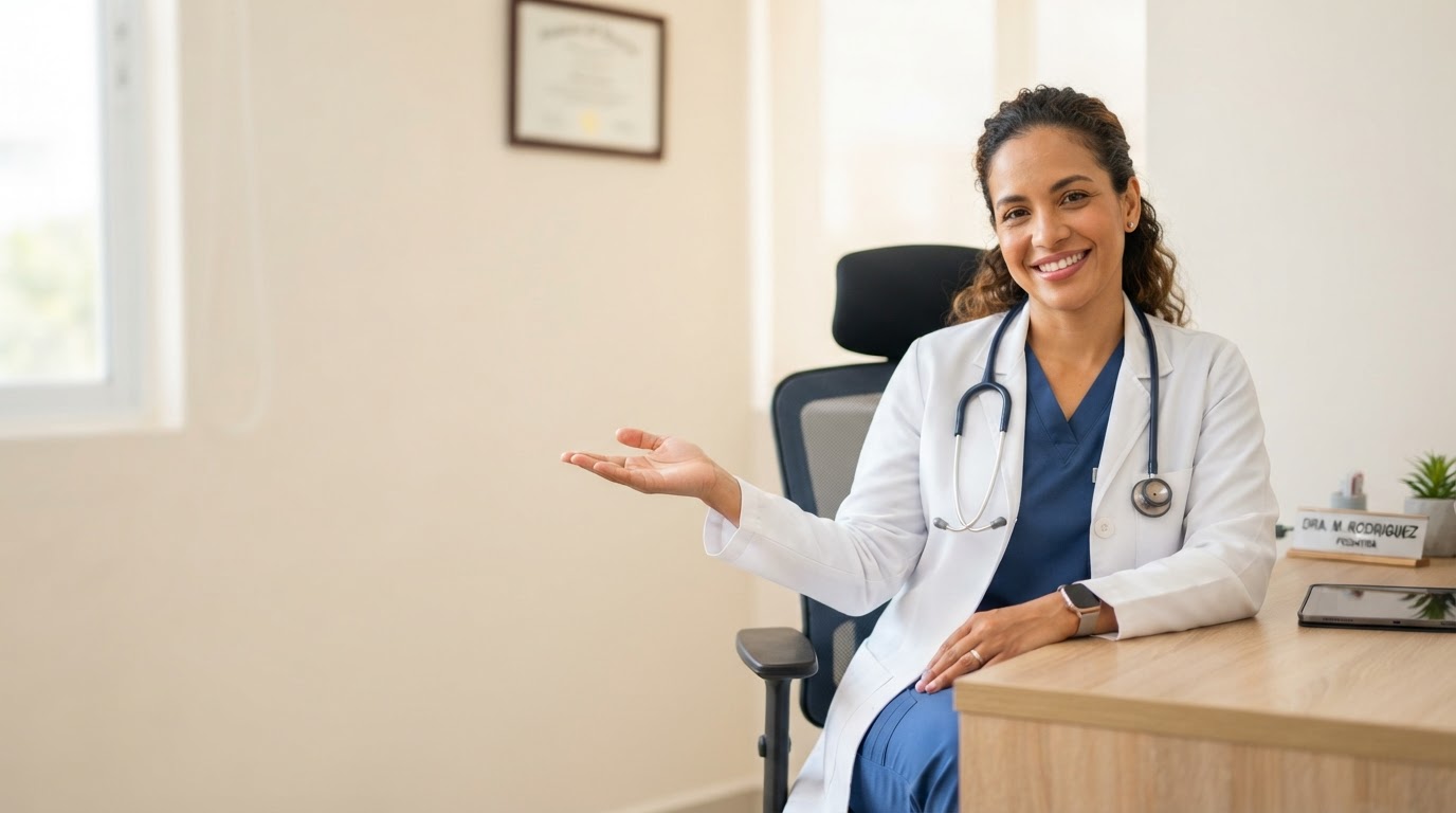 Doctora dominicana dando la bienvenida en su consultorio