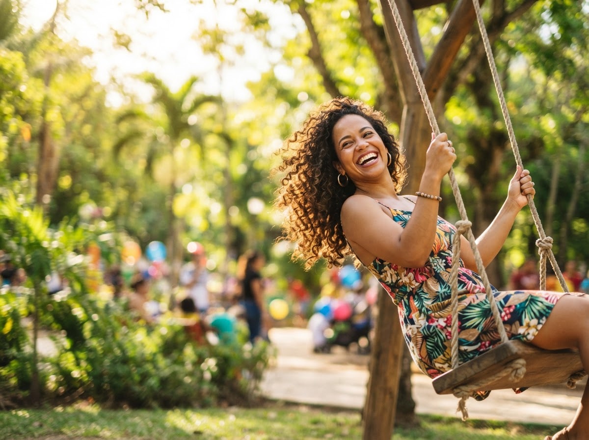 Mujer dominicana columpiándose alegremente