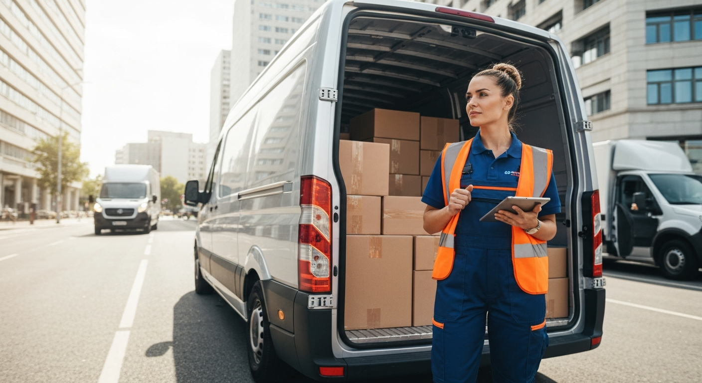 Woman logistics worker with delivery van