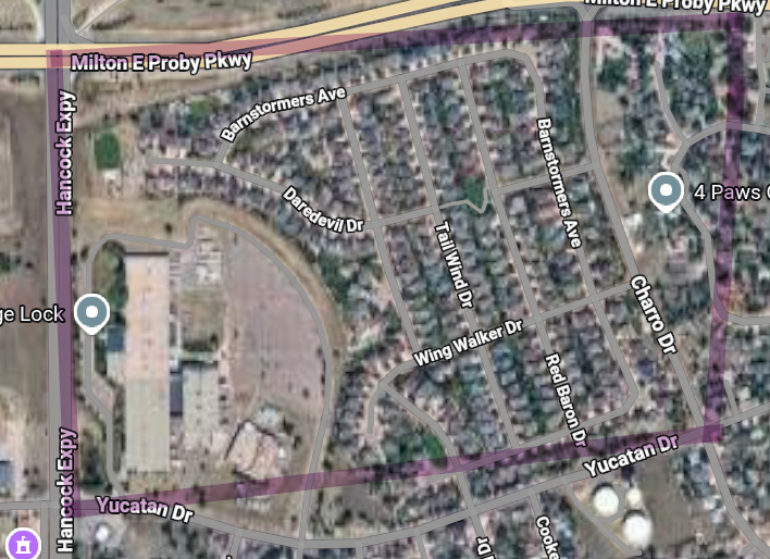 Google Maps screenshot showing a large highlighted neighborhood area