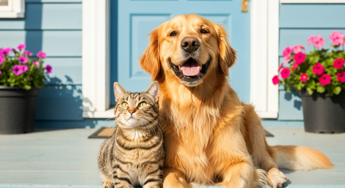 Happy Golden Retriever and tabby cat