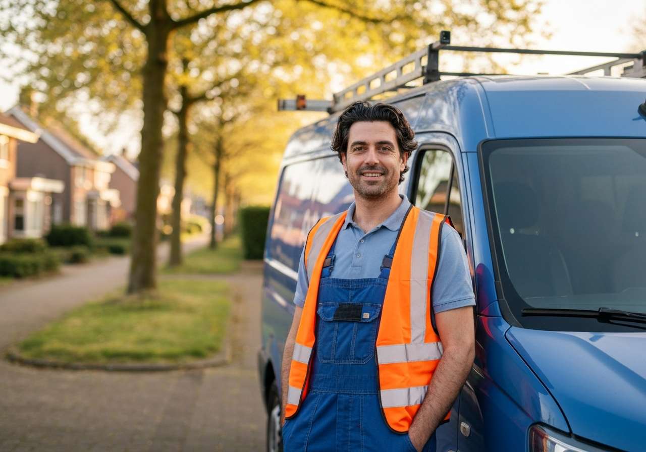 Installateur Dennis Grotenhuis van Grotenhuis Installatietechniek bij zijn werkbus in Valthermond