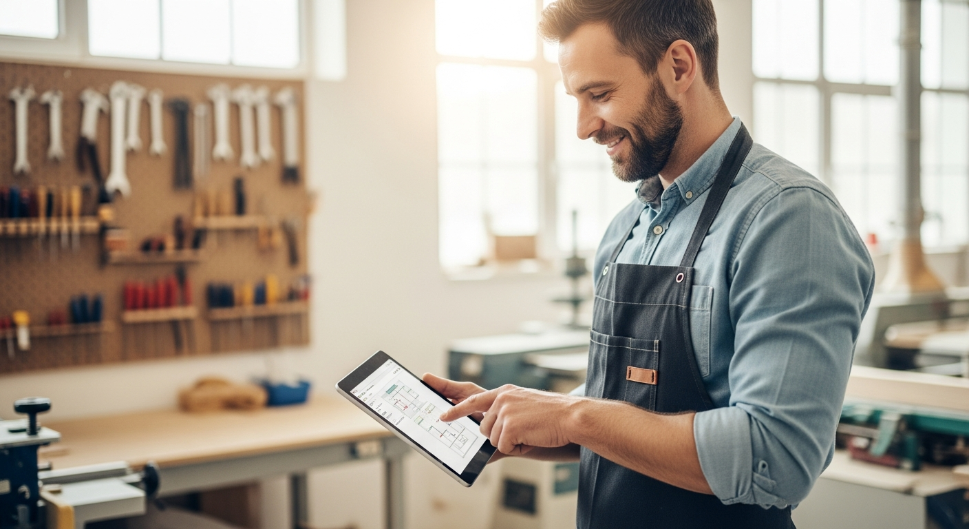 Moderner Handwerker mit Tablet