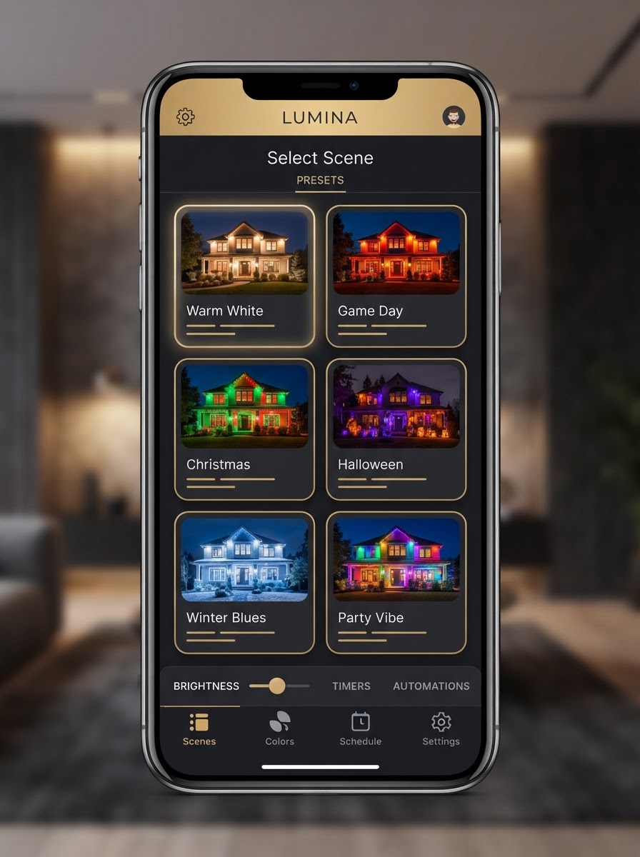 App preset theme grid showing holiday, game day, and custom lighting scenes