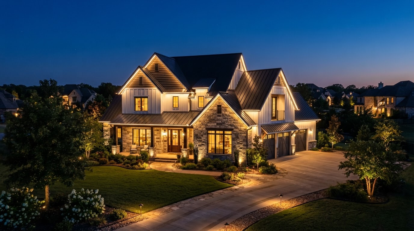 Home with permanent architectural LED roofline lighting glowing warm white at night