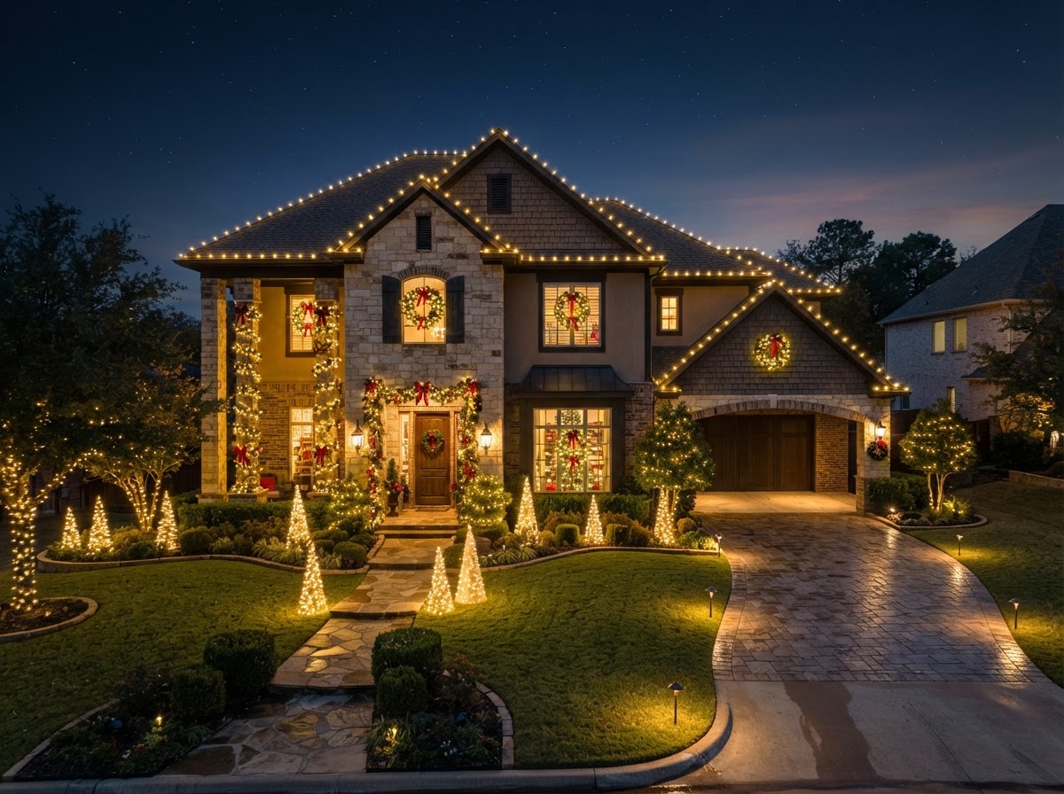 Complete professional holiday lighting display on a two-story home at night