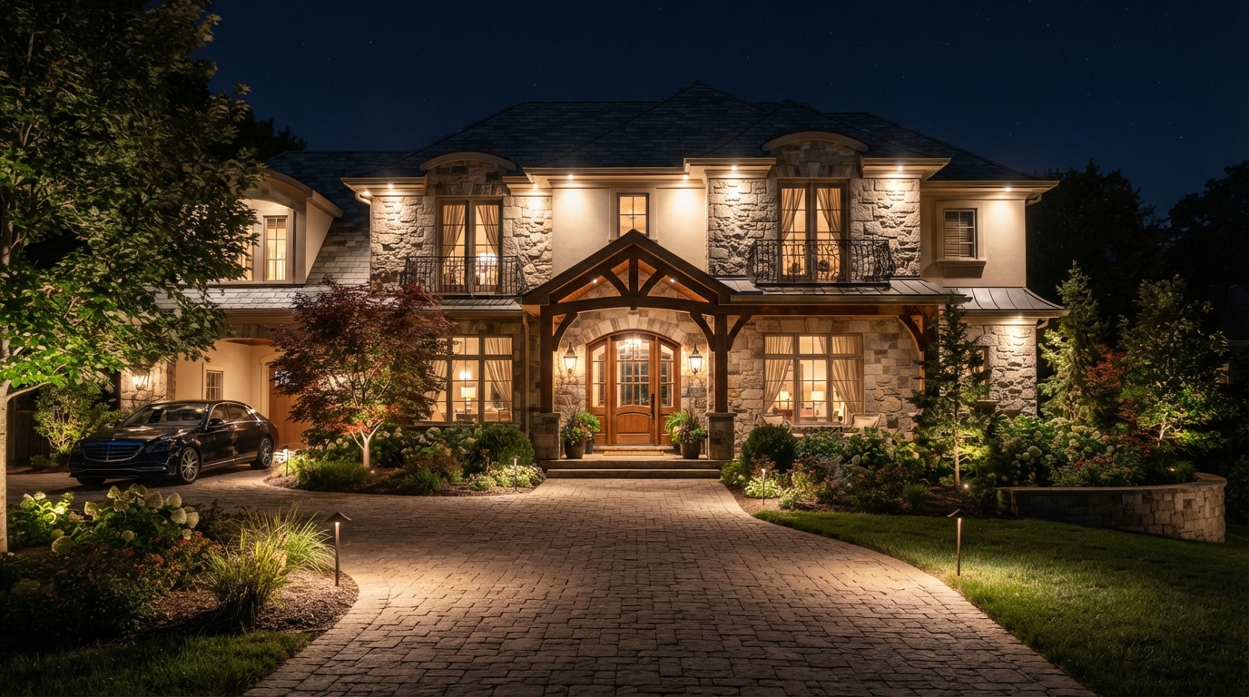 Luxury home at night with permanent architectural lighting illuminating entryways and landscaping