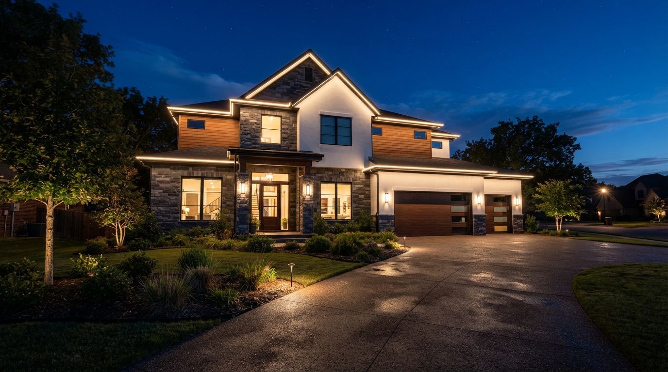 Two-story home with permanent warm white architectural roofline lighting and soft driveway ambience