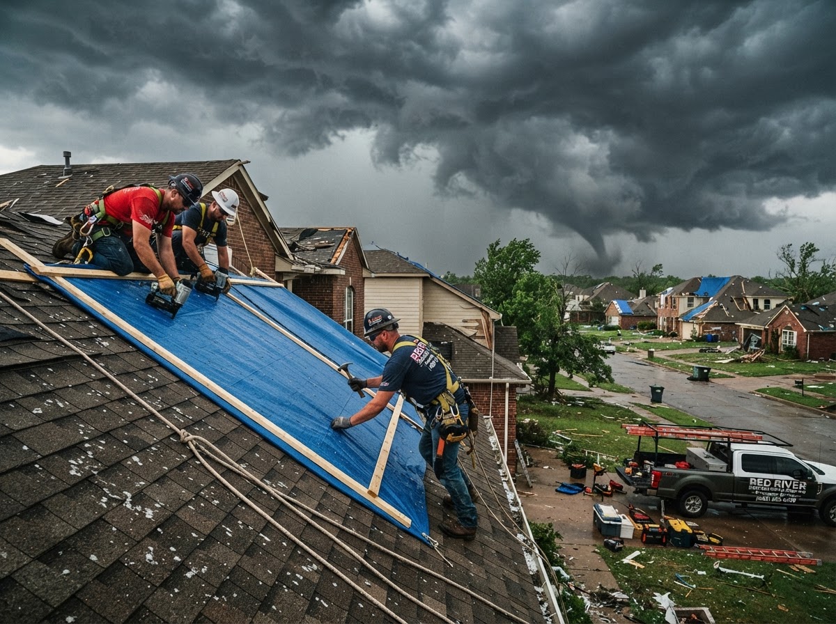 Emergency storm damage tarping by Landrun 1889 crew