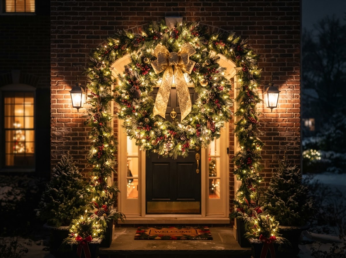 Illuminated holiday wreath with garland framing a front door