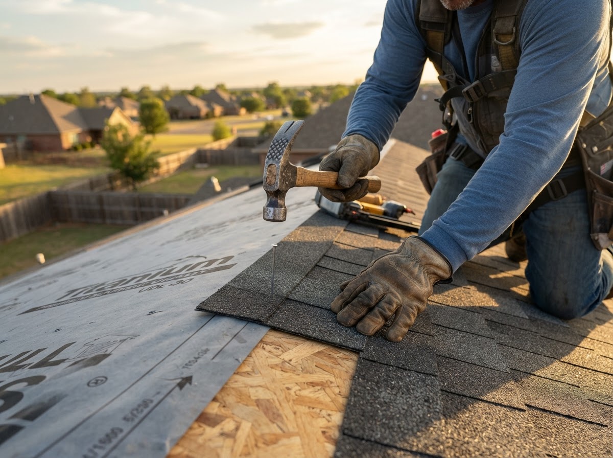 Landrun 1889 crew installing architectural shingles during roof replacement