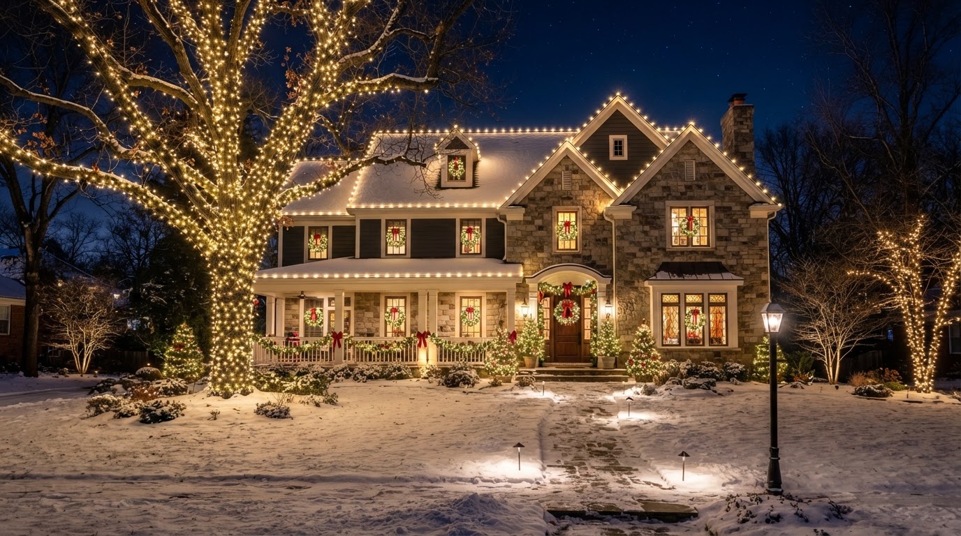 Beautiful home with professional holiday lighting display at night