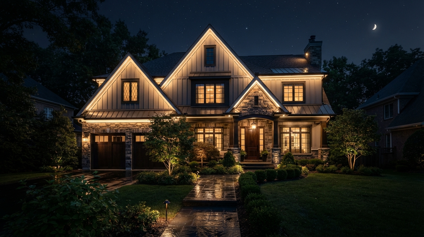 Home with permanent architectural LED lighting glowing warm white at night