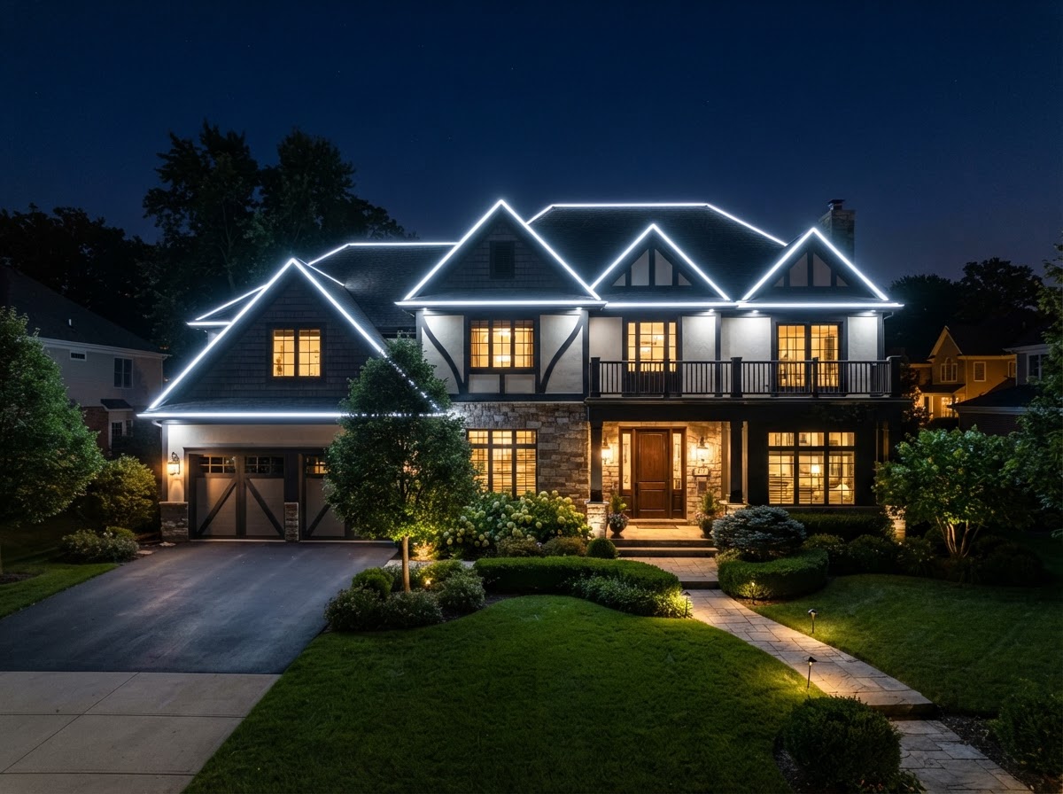 Home exterior with permanent lighting in cool white