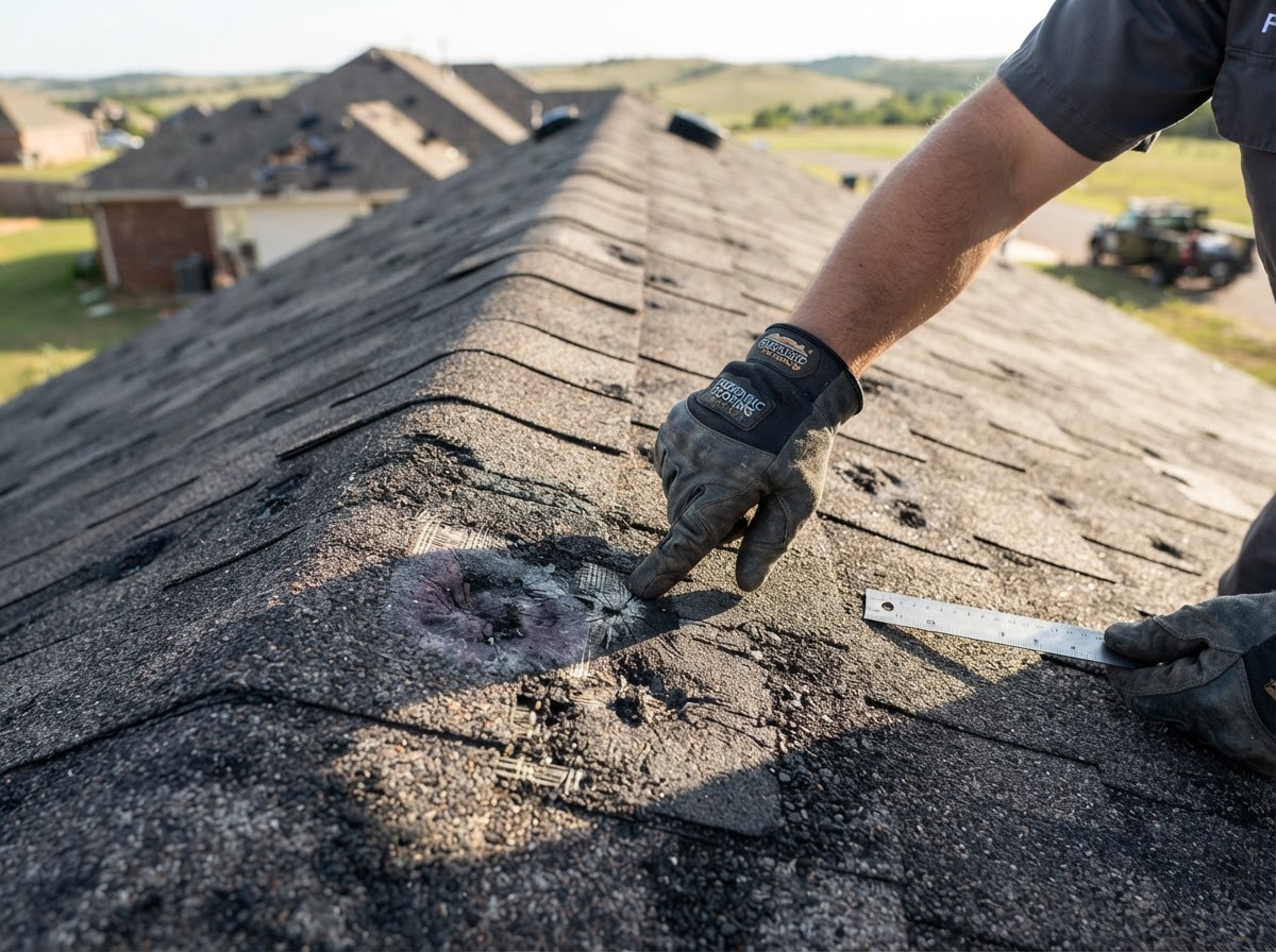 Forensic hail damage inspection on Oklahoma roof shingle