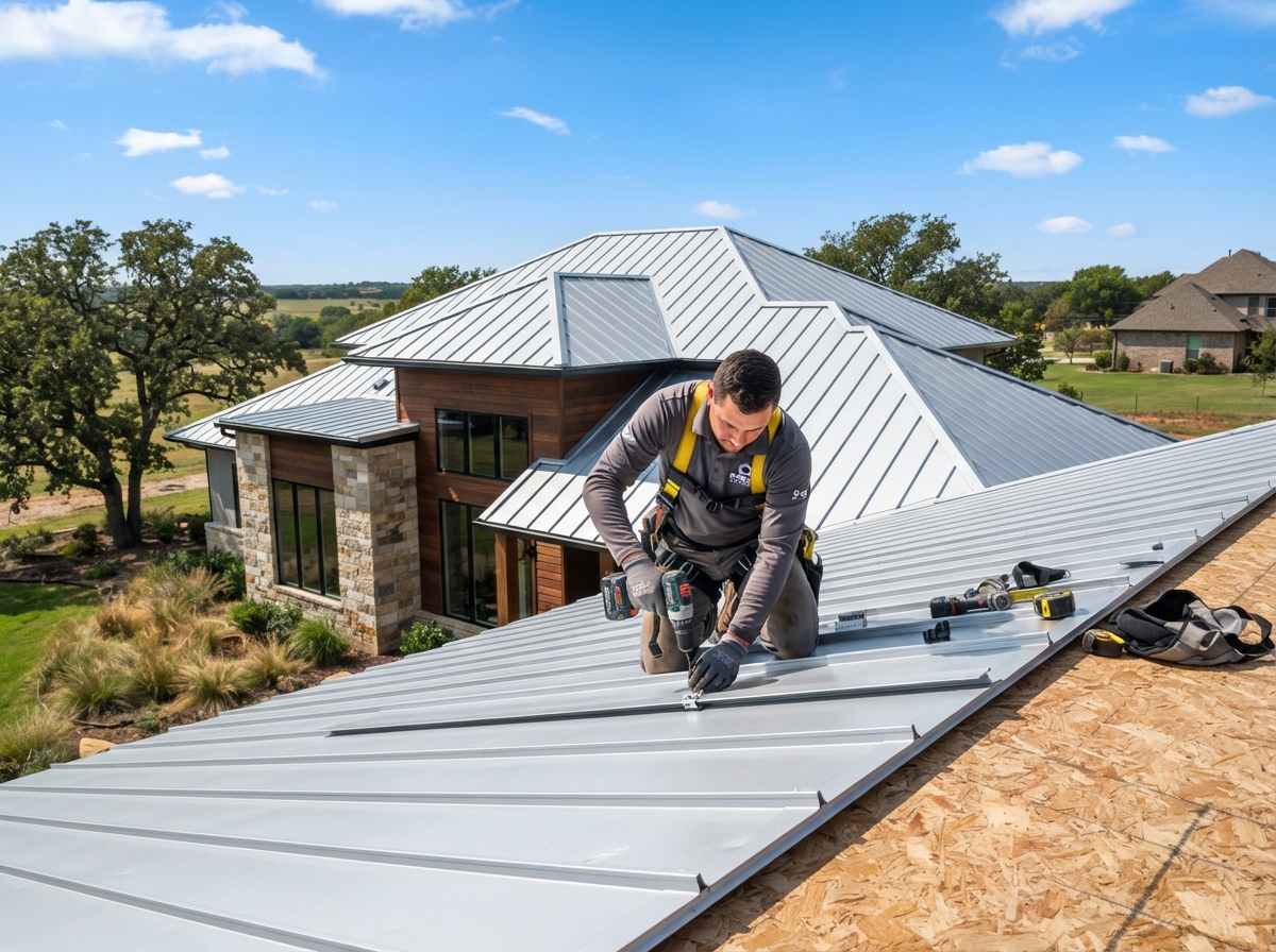 Standing seam metal roof panel installation in Oklahoma