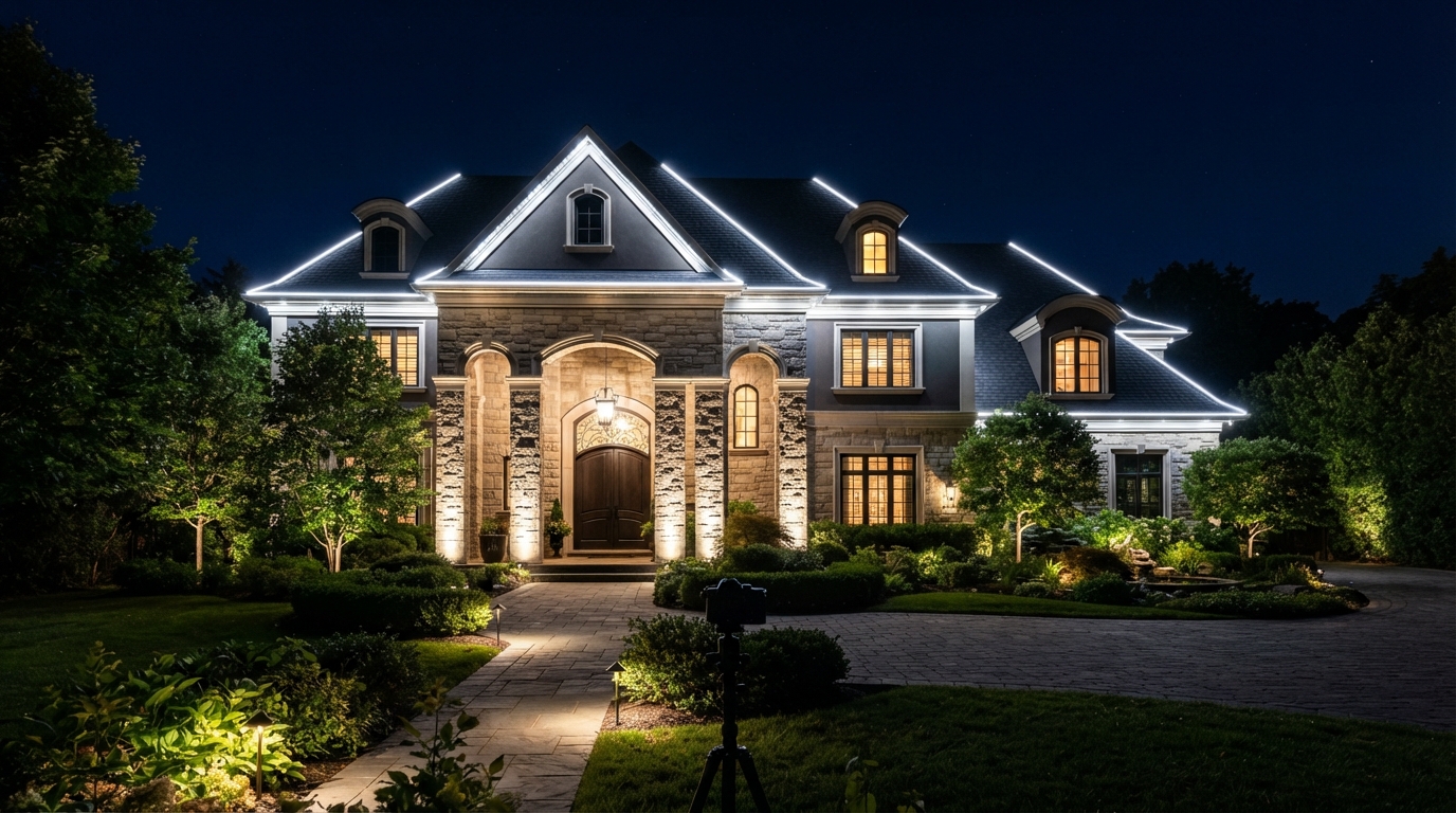 Home exterior with permanent lighting in pure white