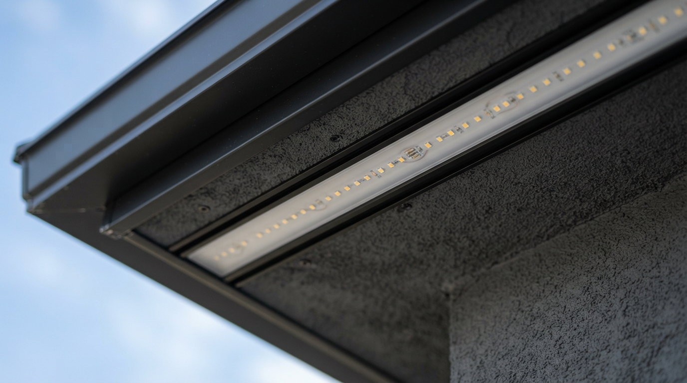 Close-up of waterproof permanent LED track installed cleanly on roof eave