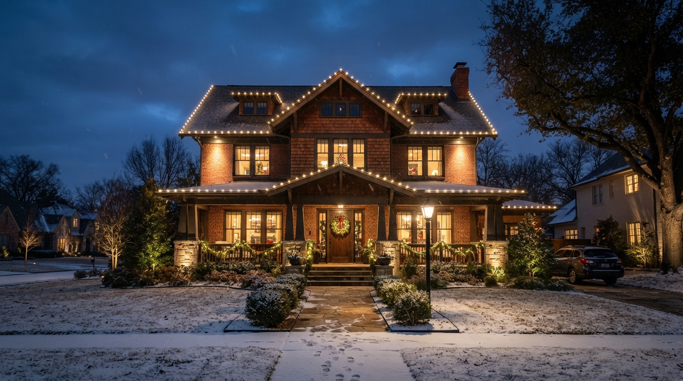 Beautiful home with professional holiday lighting display at night